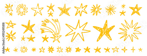 Set doodle yellow colorful stars and meteorite doodle style drawn by hand. Grunge scrawls, charcoal scribbles, rough brush strokes, underline. Bold charcoal freehand stars. Crayon or marker.