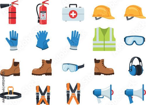Collection of safety equipment and personal protective gear for construction workers