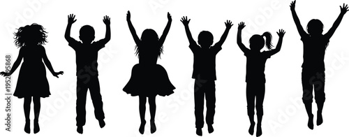 Jumping children silhouettes set, happy kids jumping with raised hands poses collection, playful child activity figures isolated vector
