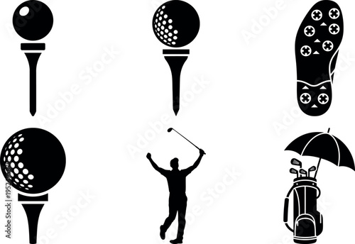 Collection of golf icons including clubs balls shoes and player isolated illustration