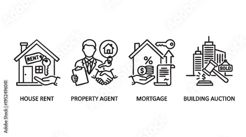 Real estate line icons set including house rent, property agent, mortgage and building auction in minimalistic style for business and finance