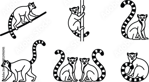 Lemur silhouette icon set, playful primate animal poses, wildlife illustration collection, minimal black design, exotic nature symbols isolated on white background