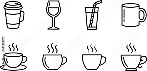 Set of beverage line icons featuring coffee cups, wine glass, iced drink, and mugs, minimal outline design, modern vector illustration collection