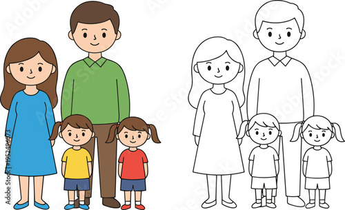 Happy family with father mother and twin daughters coloring page set with cartoon illustration and black white line art vector