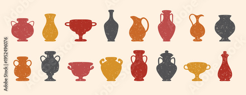 Textured ceramics vase silhouette set. Ancient amphora, greek antiques vases. Different old pottery and vessels, clay pitchers, jug. Creative decor flat vases shapes 