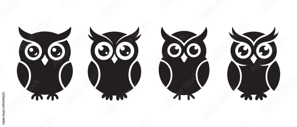 Fototapeta premium Collection of cute black owl silhouettes on a crisp white background, minimalist cartoon illustration.