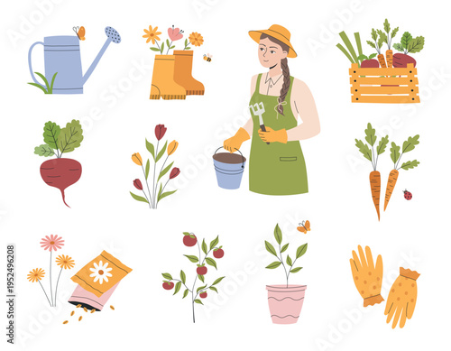 Garden and vegetable patch illustration set. Vector design for gardening blogs and websites.