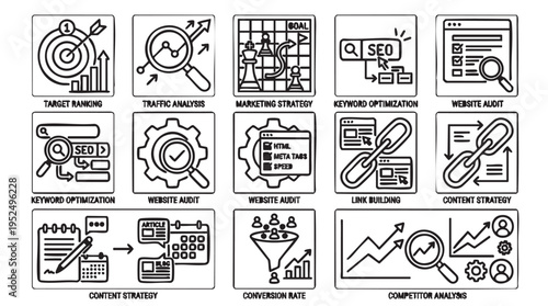 Business strategy icons in line art style with black and white color scheme for marketing and finance