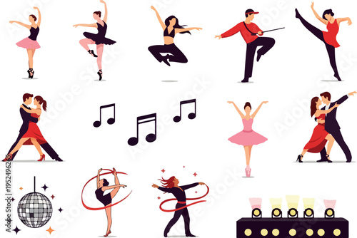 A vibrant collection of diverse dancers and musical notes, illustrating the joy and dynamism of performing arts through various dance styles and musicality