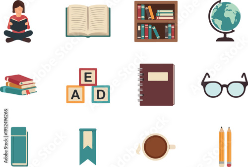 Collection of Icons Representing Education, Reading, and Learning, Including Books, Globe, and School Supplies