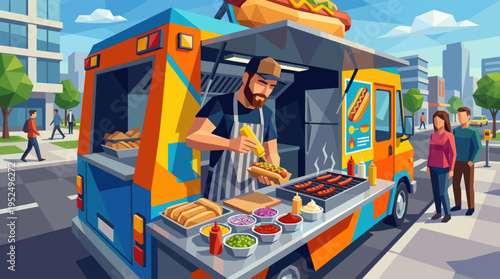 A vector illustration of a friendly vendor preparing a fresh hot dog with mustard from his colorful food truck for waiting customers on a sunny city street.