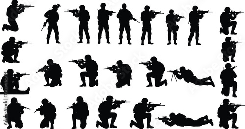 Military soldier silhouettes collection with rifle aiming kneeling shooting and combat poses, army tactical black vector illustration set