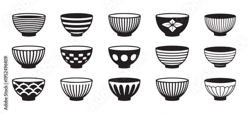 Collection of Black and White Traditional Asian Ceramic Bowls and Tea Cups with Diverse Patterns.