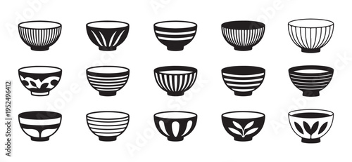 Collection of 15 unique black and white ceramic bowls.