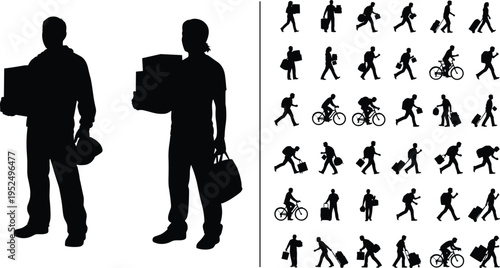 Delivery and courier worker silhouettes collection with people carrying boxes, walking, cycling and transporting packages, logistics service illustration set