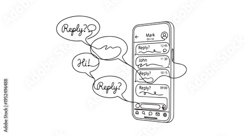Continuous Line Art Vector Illustration of a Smartphone with Chat Bubbles and Text Messages, Representing Online Communication and Social Media Interaction