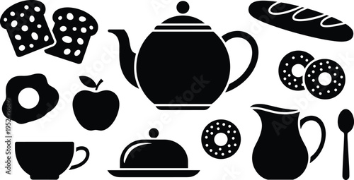 Breakfast food icons set, teapot cup bread apple donut and kitchen utensils silhouettes for cafe menu vector illustration