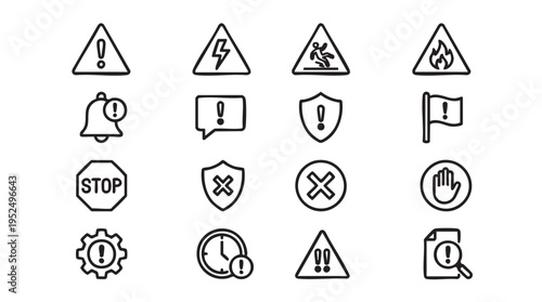 Set of warning and information icons in black outline on white background for business and safety use