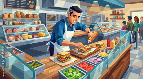 A friendly male deli worker in an apron smiles as he prepares a fresh sandwich at a bustling shop counter with customers waiting in line.