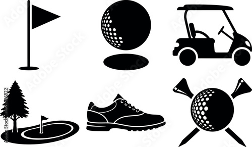 Collection of golfthemed icons including ball cart shoe and hole flag