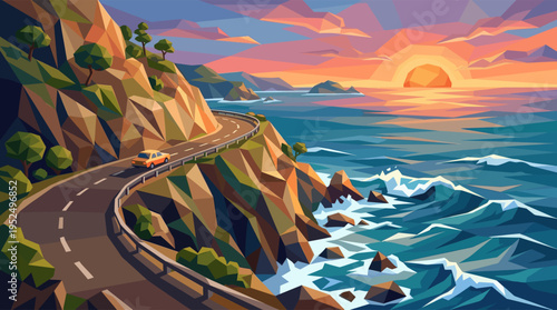 A car travels on a scenic coastal road during a vibrant sunset in this modern, low poly vector illustration, evoking a sense of adventure and freedom.