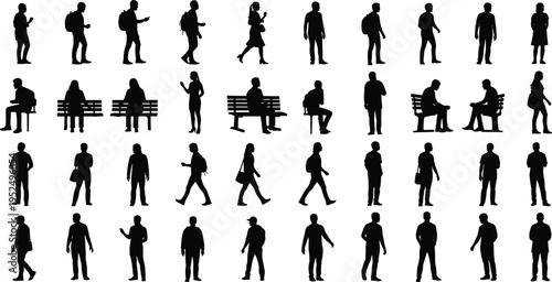 People silhouette mega collection, walking, standing and sitting figures with bags and benches, diverse everyday urban lifestyle characters set