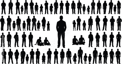 People silhouette collection with men women and children standing together, human figures crowd lifestyle black vector illustration set