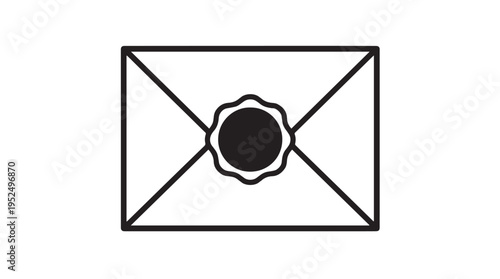 Black and white vector icon of a sealed envelope with a wax seal in the center, representing mail, communication, or official correspondence, isolated on a white background for web and print use.