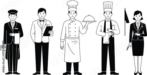 Hotel and restaurant staff characters set, porter waiter chef and hostess hospitality service workers vector illustration isolated on white