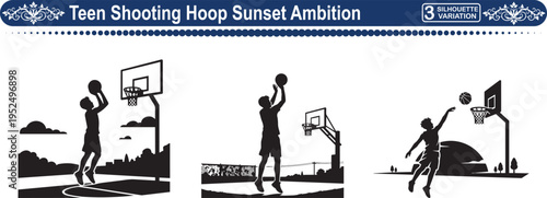 Teen Shooting Basketball at Sunset, Concept of Athletic Ambition, Focus and Goal Success