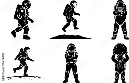 Collection of astronauts in various poses and space suits isolated illustration