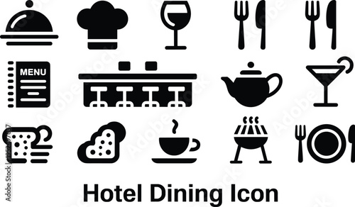 Hotel dining and restaurant icons set with chef menu wine glass coffee grill bar food service vector symbols collection
