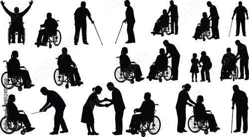 Elderly people and wheelchair assistance silhouettes collection, senior care support walking stick caregiver helping disabled persons black vector illustration