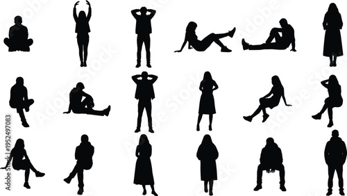 People silhouettes collection with sitting standing and relaxed poses, men and women casual body positions isolated vector characters