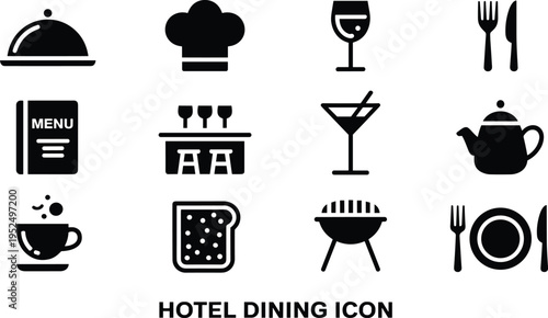 Hotel dining and restaurant service icons set with chef menu bar coffee grill utensils food vector symbols collection