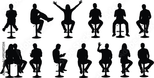 People sitting on stool silhouettes set, men and women seated poses collection, casual sitting characters isolated human figures vector