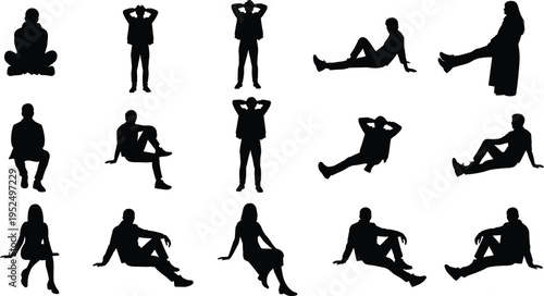 People sitting and relaxing silhouettes set, men and women casual seated poses collection, relaxed body positions isolated vector