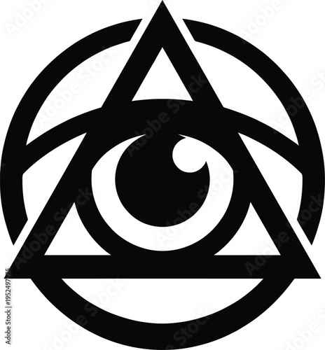All seeing eye symbol within triangle and circle geometric logo design representing mystery secret knowledge protection spirituality and modern abstract branding identity concept