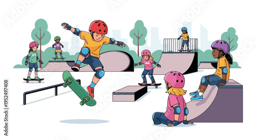 Diverse kids skateboarding and having fun at a sunny outdoor skatepark with ramps and rails.