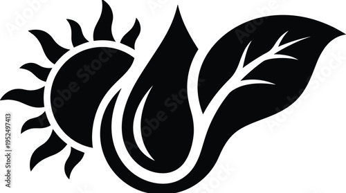 Eco energy logo design featuring sun, water drop and leaf symbol representing renewable energy sustainability natural resources and green environment modern branding concept