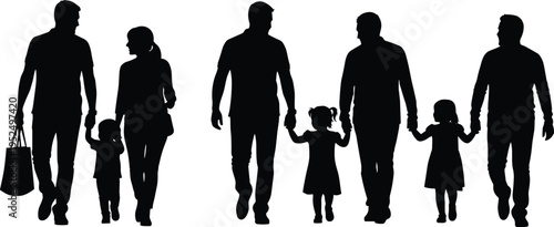 Family walking silhouette set, parents holding children hands collection, happy family people together, parenting lifestyle isolated vector illustration pack