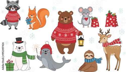 A collection of cute winter animals wearing festive holiday clothing and holding christmas gifts isolated on white background, Vector
