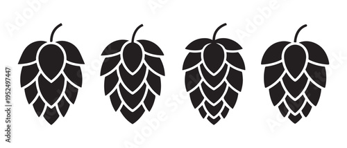 A set of four black hop cone icons on a white background for brewery or beer related design.