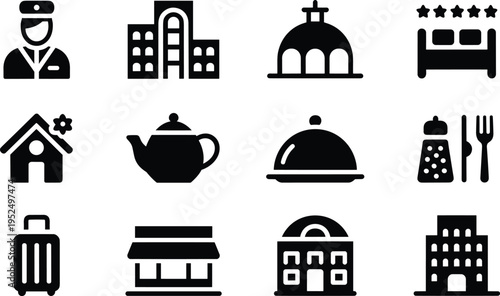 Hotel hospitality and travel icons set with concierge building church bed luggage restaurant service vector symbol collection