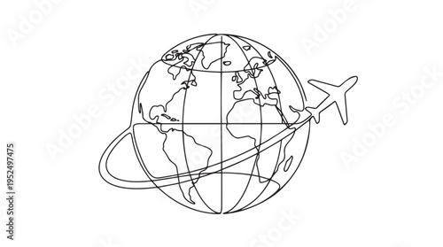 Continuous Line Drawing of Airplane Flying Around Earth Globe Vector Illustration for Travel, Global Business, and International Logistics Concepts