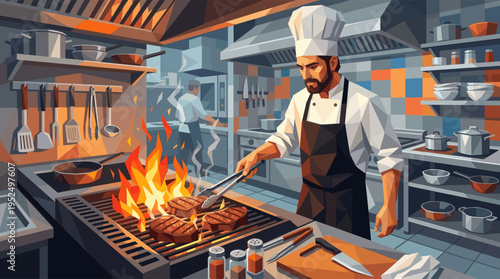 In this stylized vector illustration, a focused male chef in uniform expertly grills beef steaks over open flames in a bustling professional kitchen.