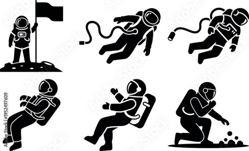 Collection of astronauts in various spacewalk poses and activities illustration set