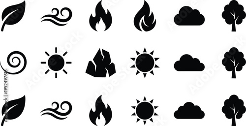 Nature elements icon collection featuring leaf, wind, fire, sun, cloud, rock and tree symbols in minimal style for eco environment design concept