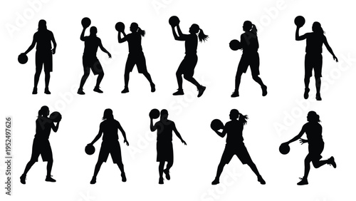 A group of people playing basketball in different poses