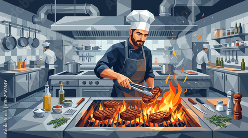 Stylized vector illustration of a professional bearded chef grilling beef steaks over a fiery open flame grill in a busy commercial restaurant kitchen.